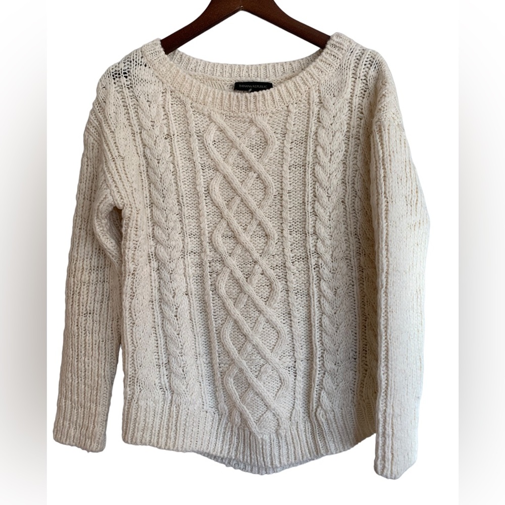 Banana Republic Cream Wool Scoop Neck Chunky Knit Cable Knit Sweater S